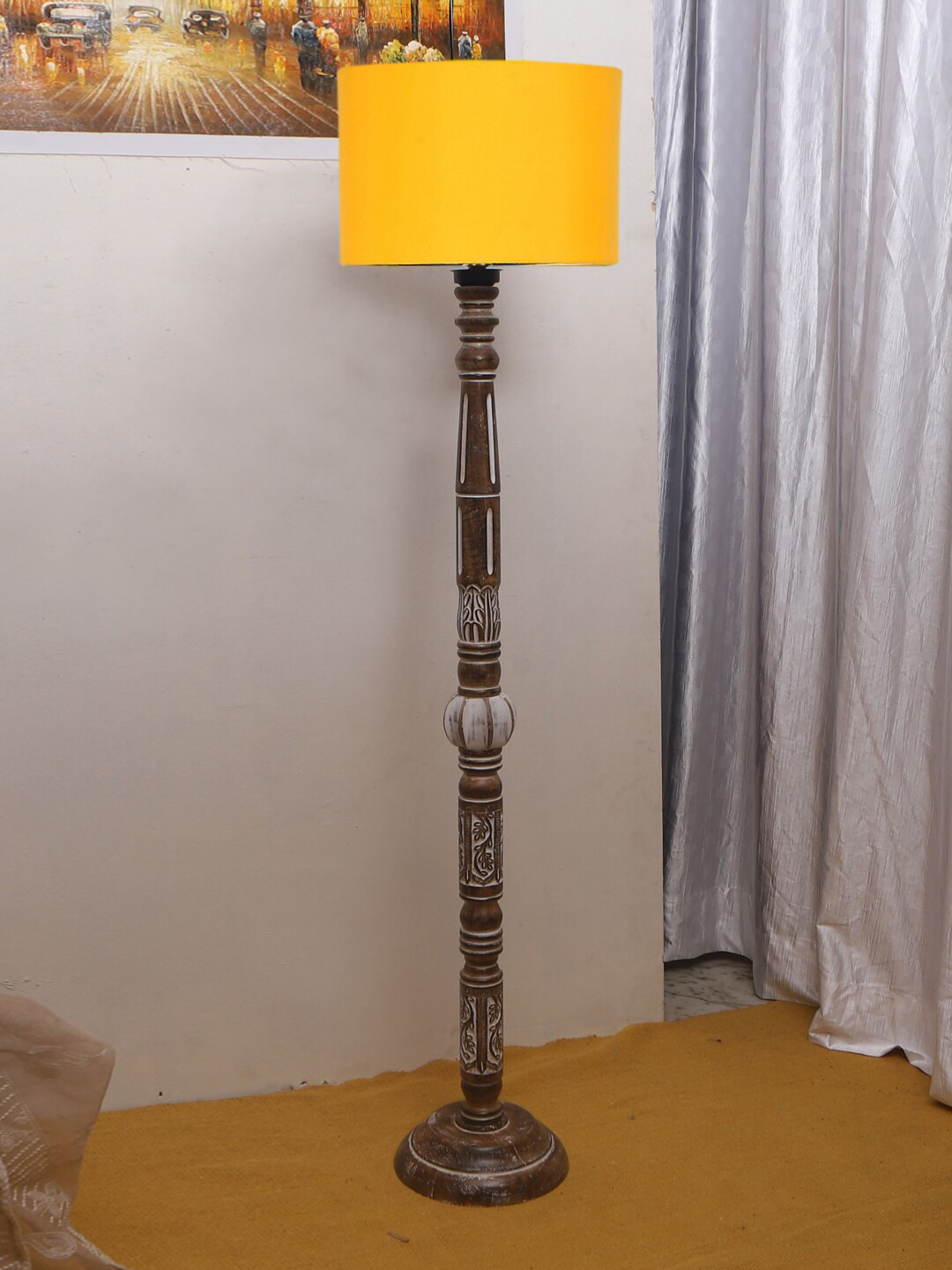

Devansh Yellow Drum Cotton Shade Wooden Floor Lamp