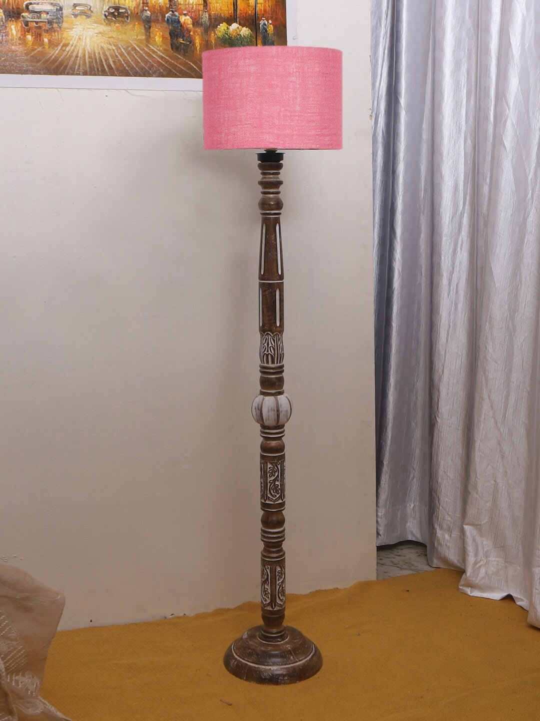 

Devansh Pink & Brown Cotton Drum Wooden Floor Lamp