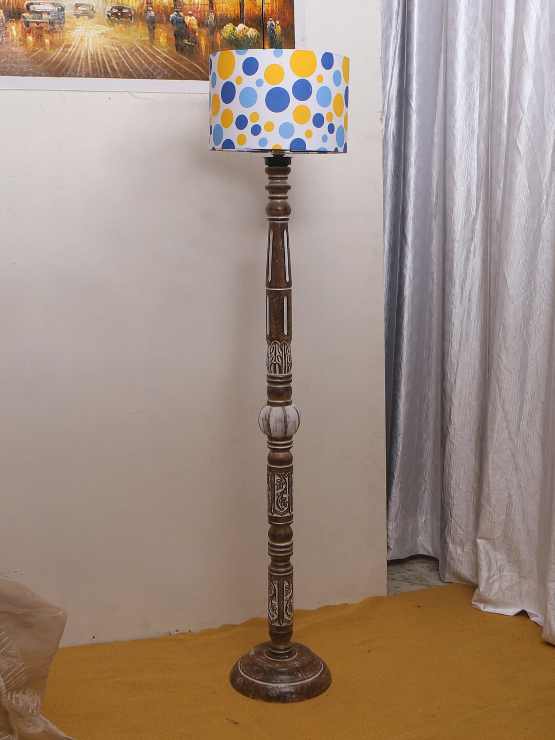 

Devansh White & Yellow Polka Dot Printed Drum Cotton Shade Wooden Floor Lamp
