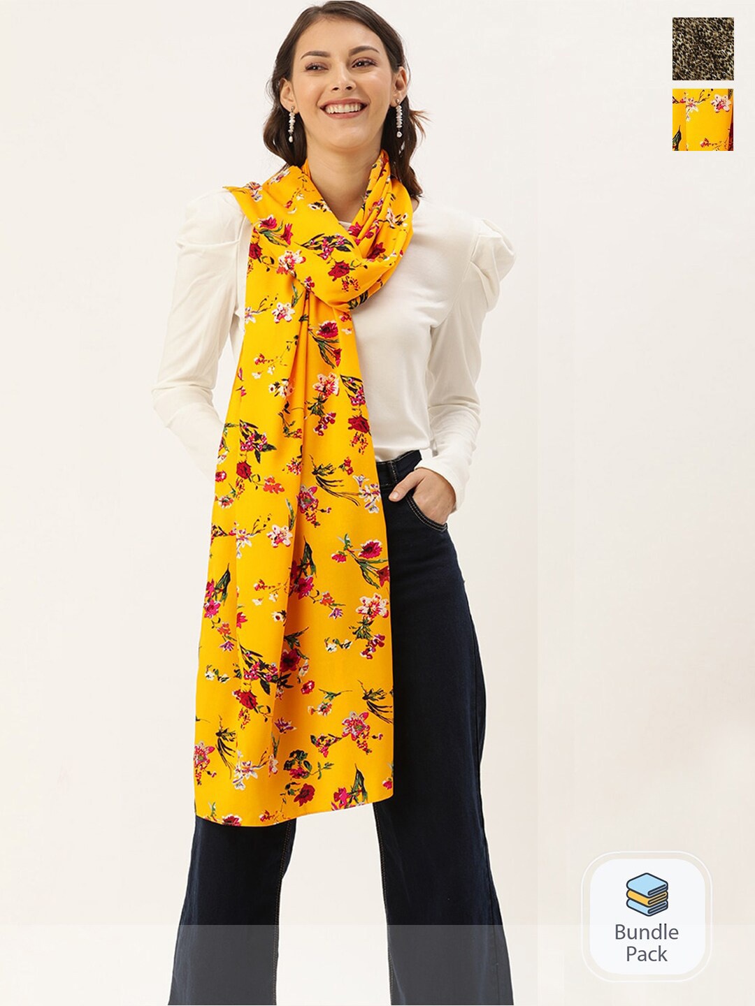 

DressBerry Women Pack Of 2 Floral & Animal Printed Scarfs, Yellow