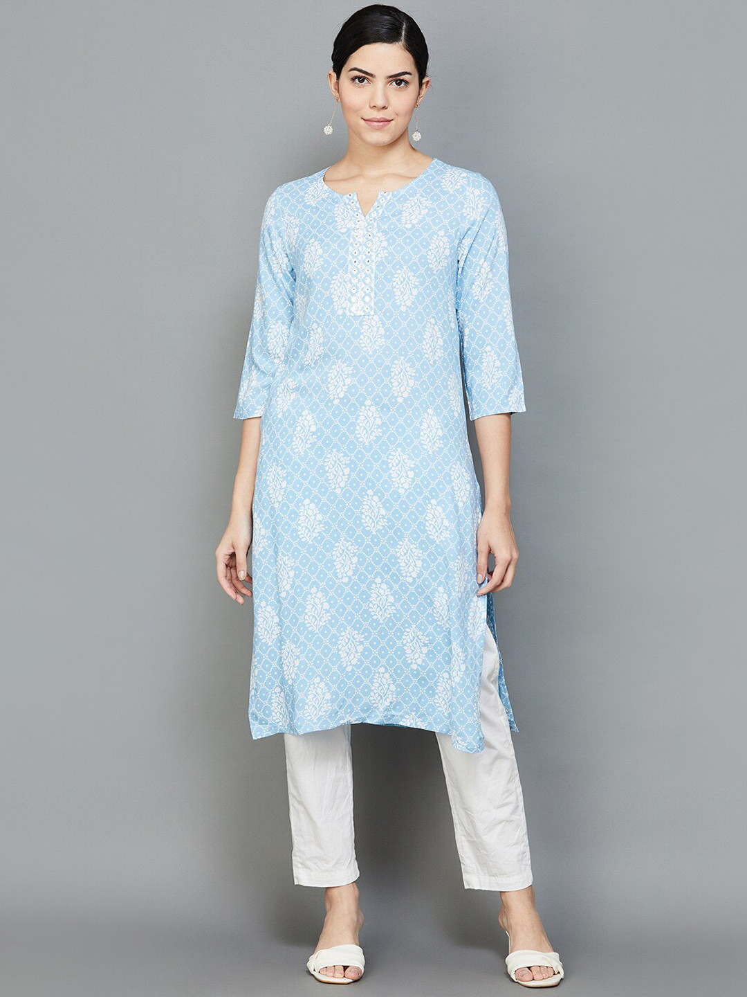 

Melange by Lifestyle Floral Printed Mirror Work Straight Kurta, Blue