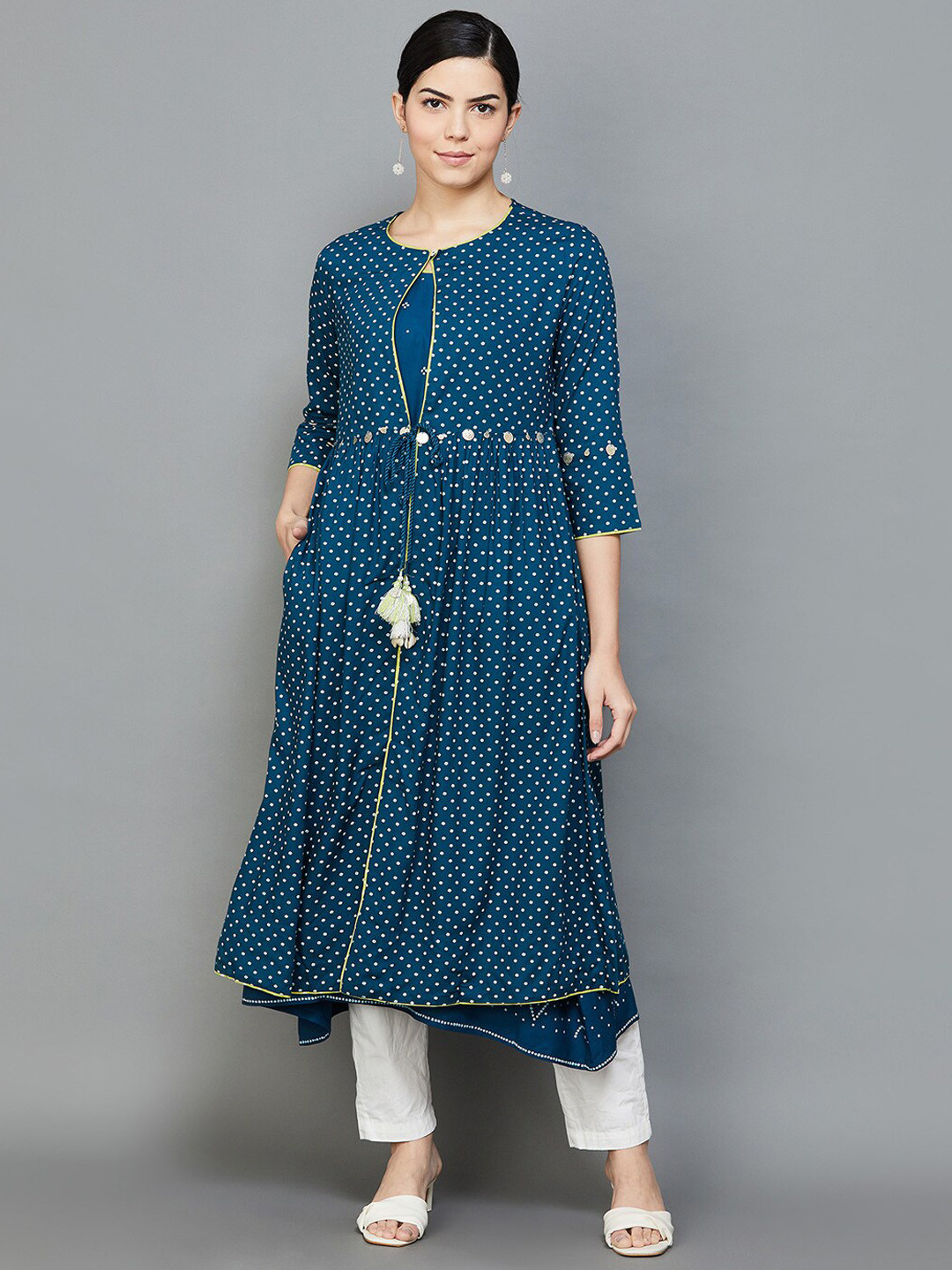 

Melange by Lifestyle Polka Dot Printed Layered A-Line Kurta with Trousers, Blue