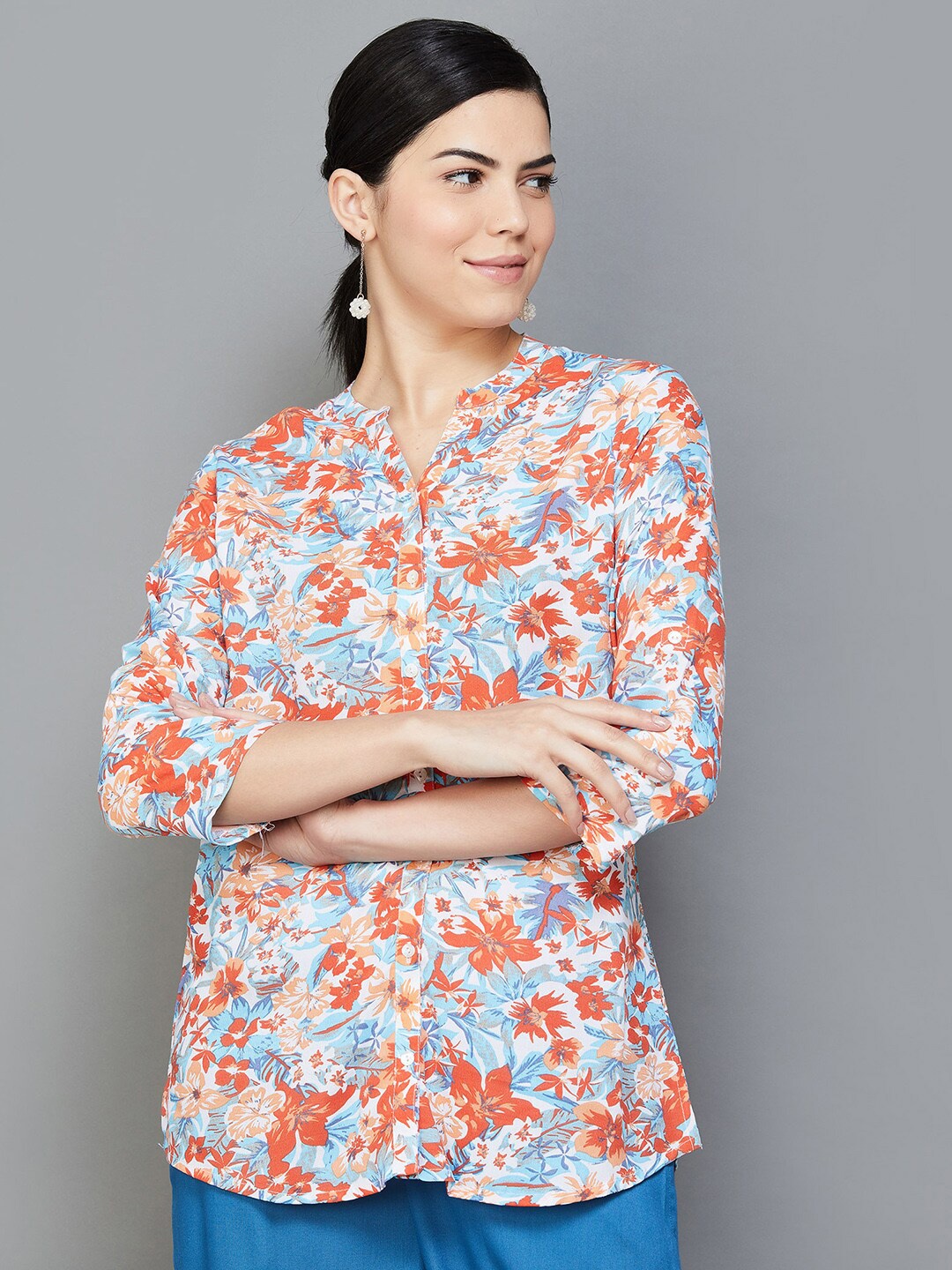 

Melange by Lifestyle Mandarin Collar Printed Tunic, Coral