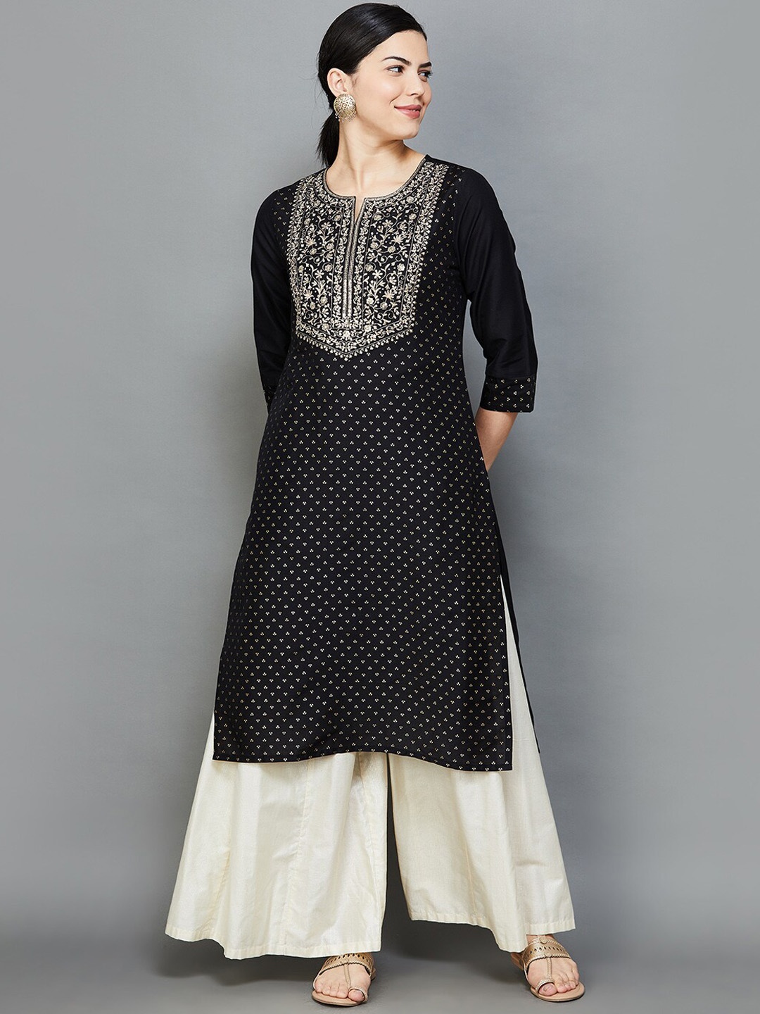 

Melange by Lifestyle Floral Embroidered Sequinned Kurta, Black