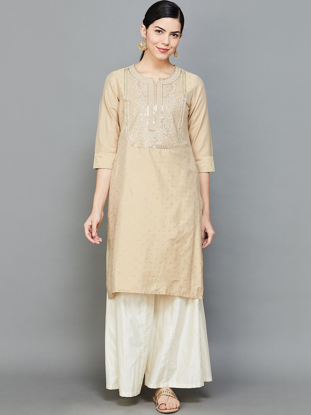 

Melange by Lifestyle Geometric Printed Thread Work Straight Kurta, Beige