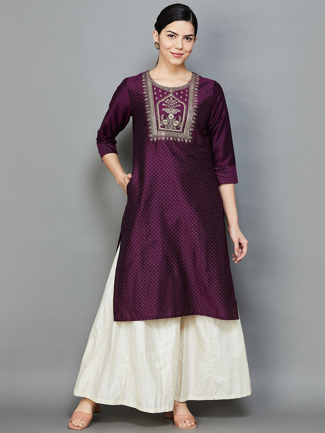 

Melange by Lifestyle Polka Dots Printed Thread Work Kurta, Red