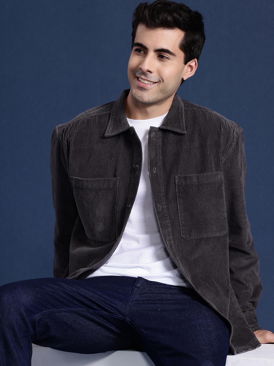 Mast & Harbour Men Corduroy Pure Cotton Shacket, Grey