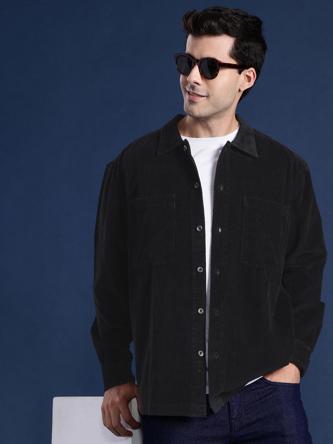 

Mast & Harbour Men Corduroy Pure Cotton Shacket, Black