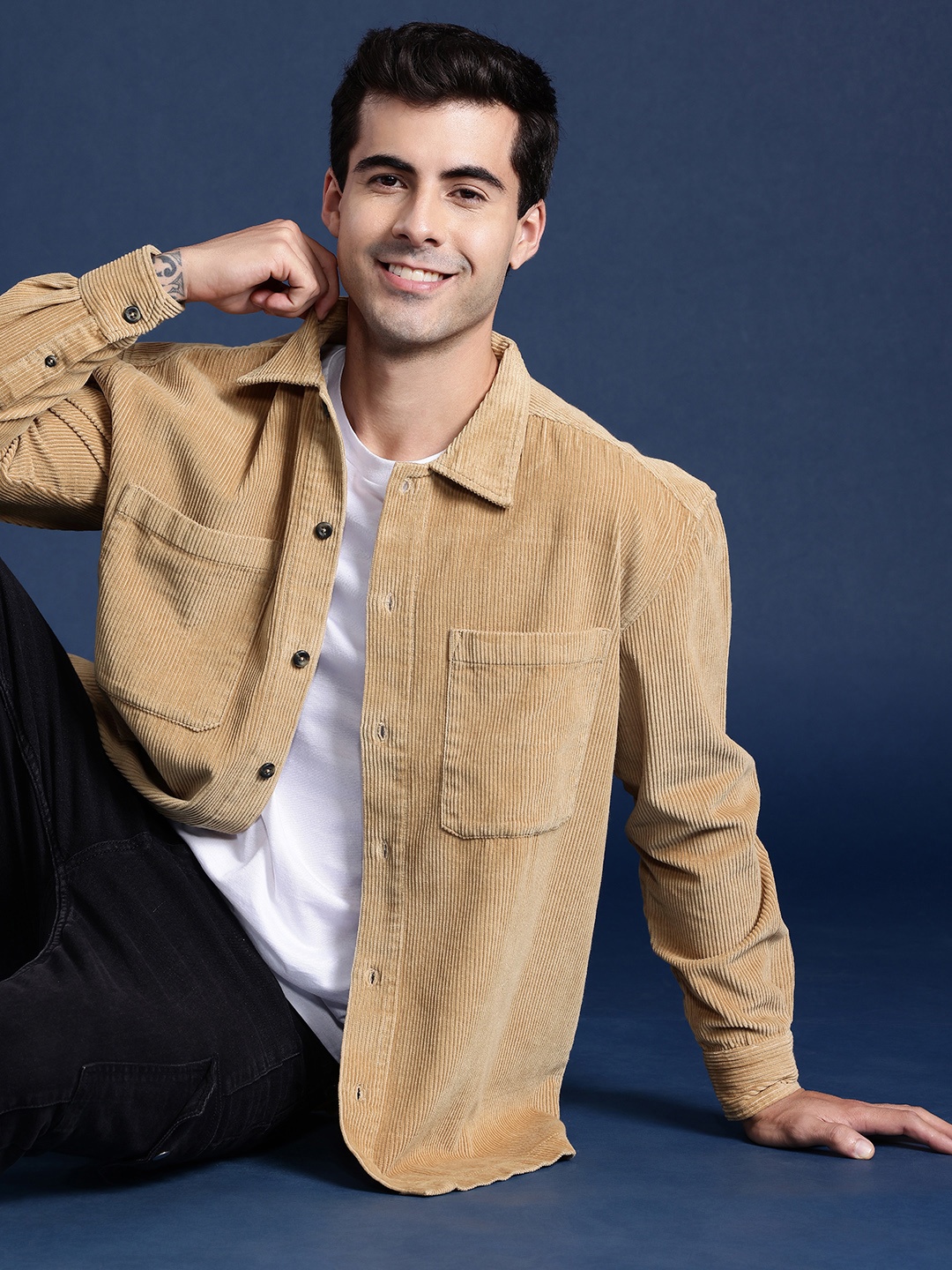 

Mast & Harbour Men Corduroy Pure Cotton Shacket, Beige