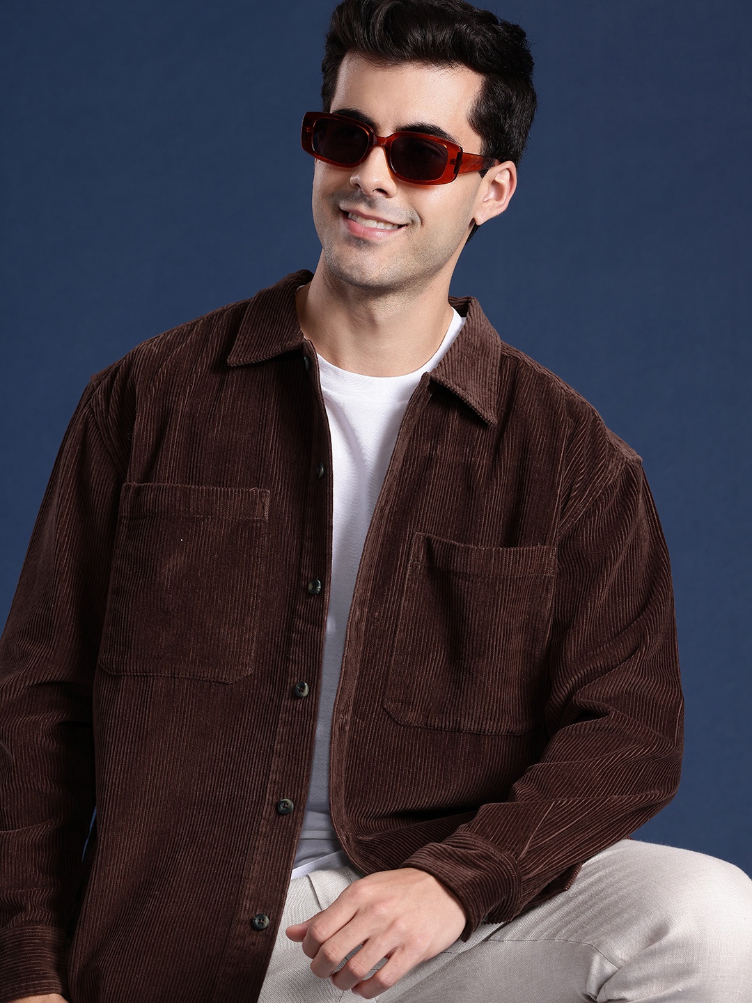 

Mast & Harbour Men Corduroy Pure Cotton Shacket, Brown