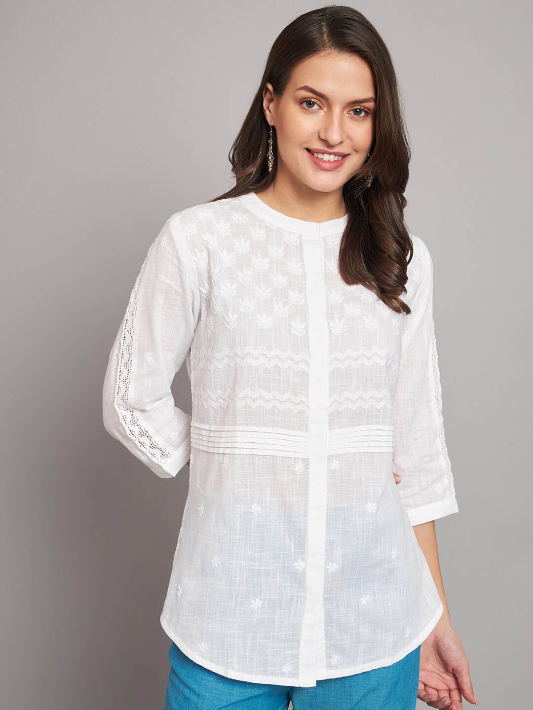 

akheri Ethnic Motifs Self Design Band Collar Lace Inserts Chikankari Pure Cotton Top, White