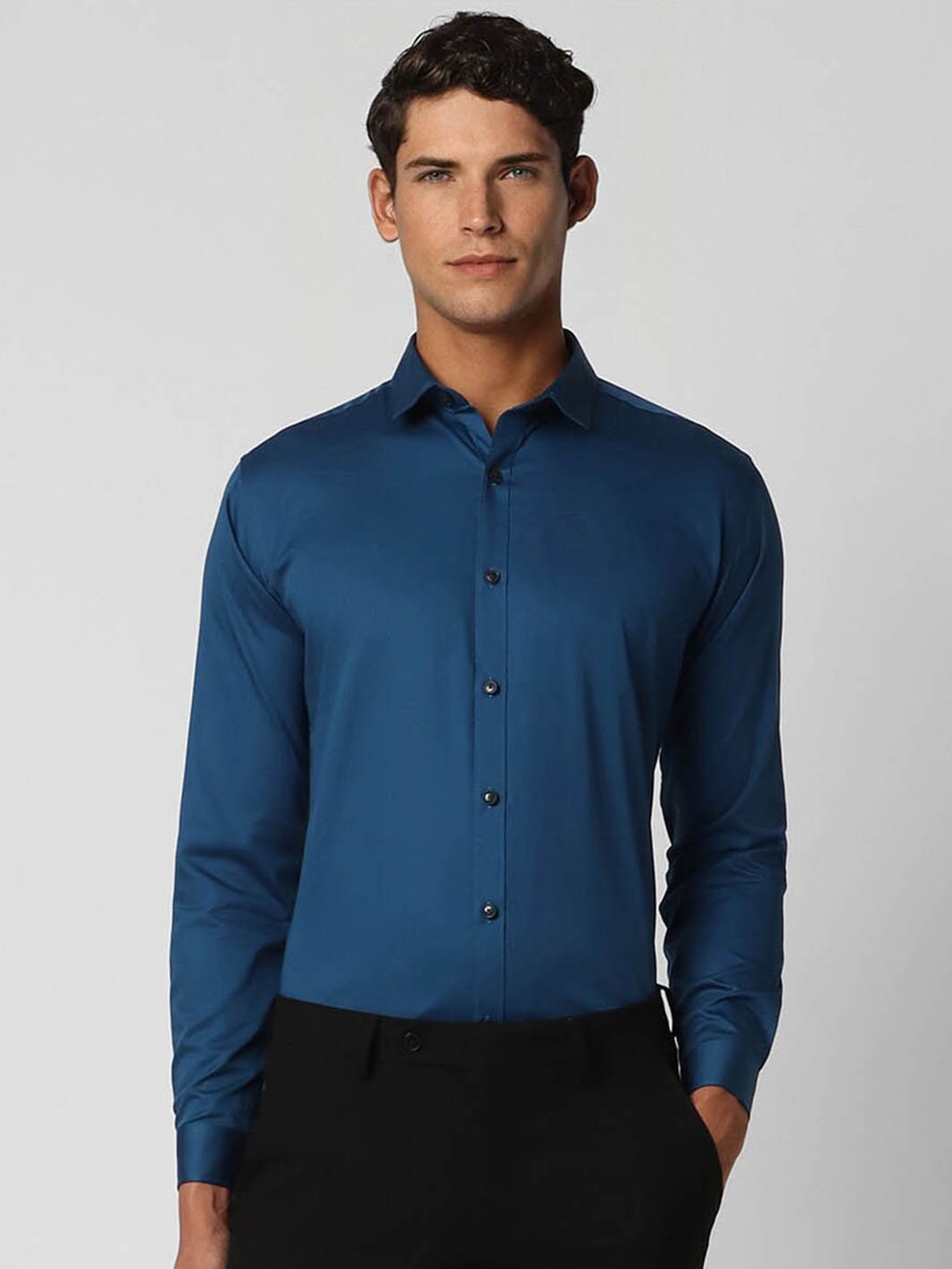 

V Dot Slim Fit Spread Collar Party Pure Cotton Shirt, Navy blue