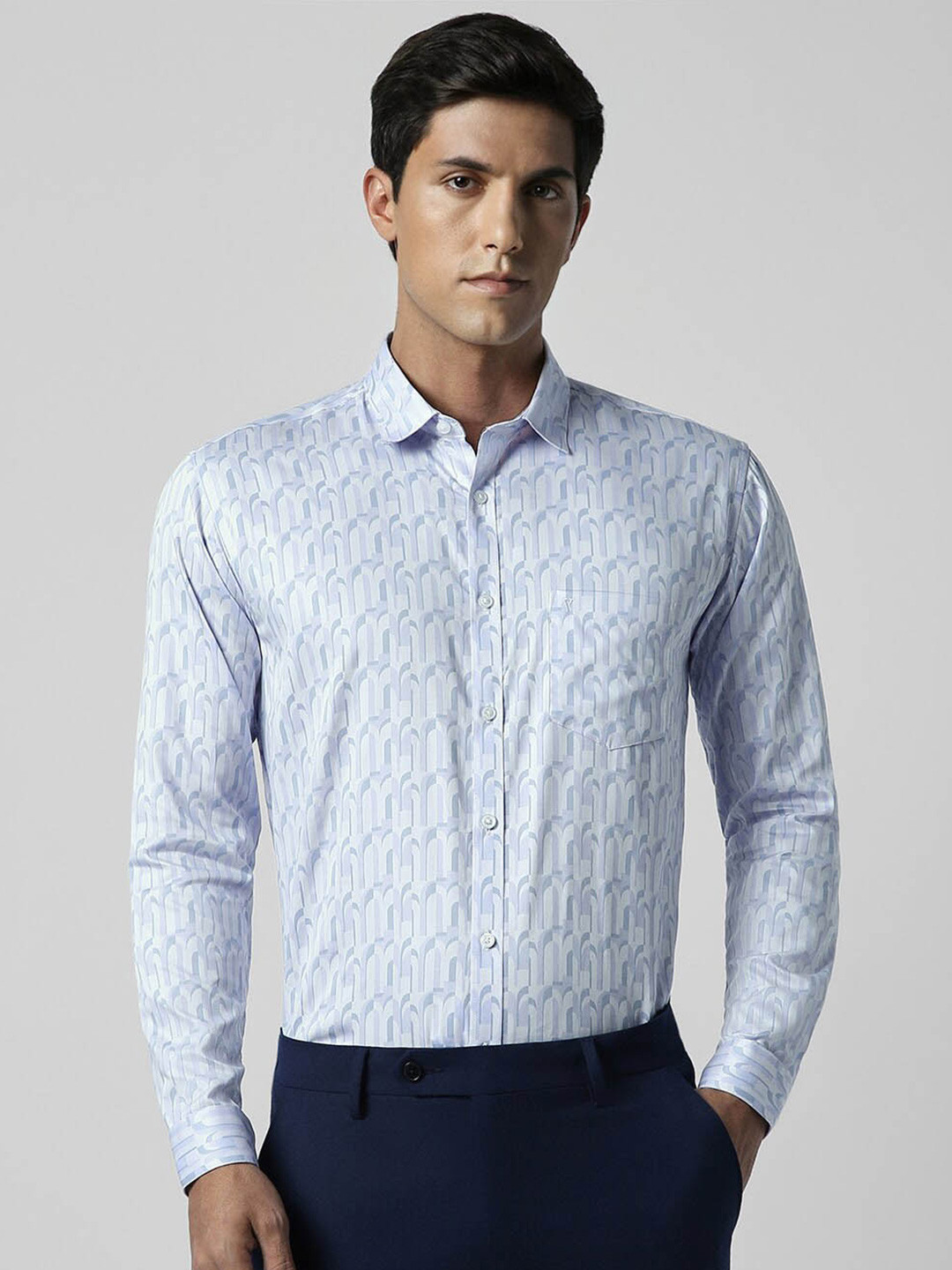 

V Dot Spread Collar Slim Fit Geometric Printed Party Shirt, Blue