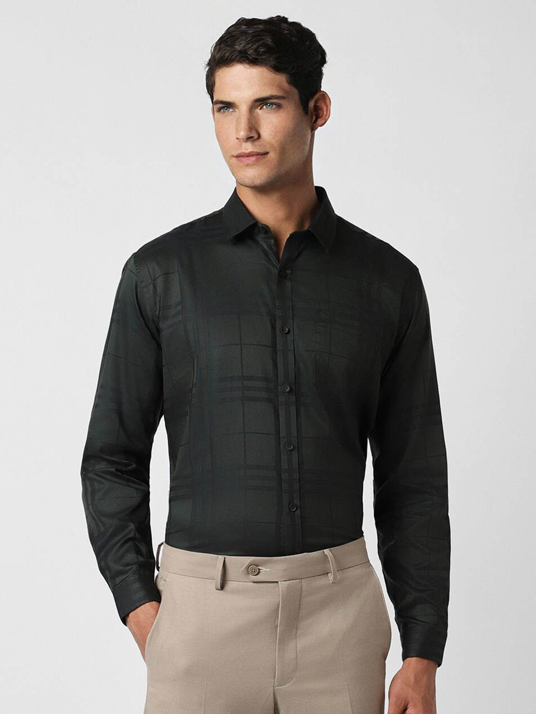 

V Dot Slim Fit Checked Party Shirt, Green