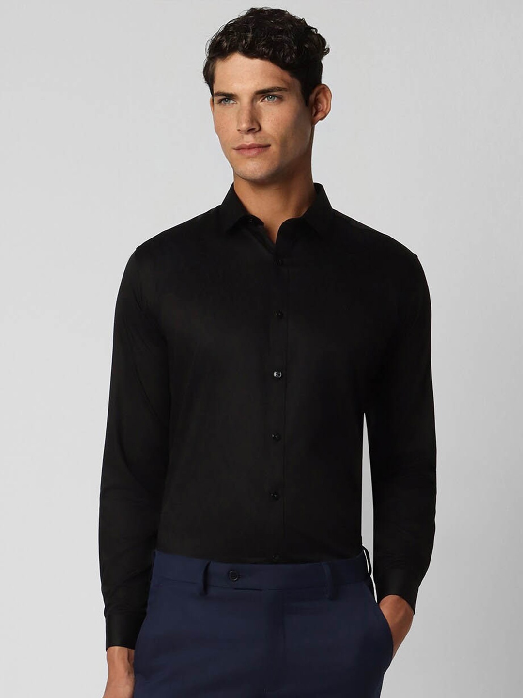 

V Dot Spread Collar Slim Fit Party Pure Cotton Shirt, Black