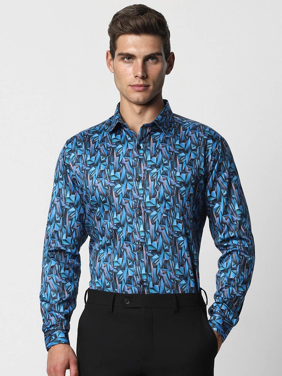 

V Dot Spread Collar Slim Fit Geometric Printed Party Shirt, Blue