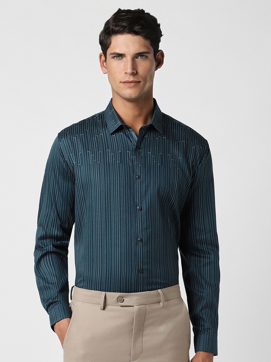 

V Dot Slim Fit Striped Formal Shirt, Teal