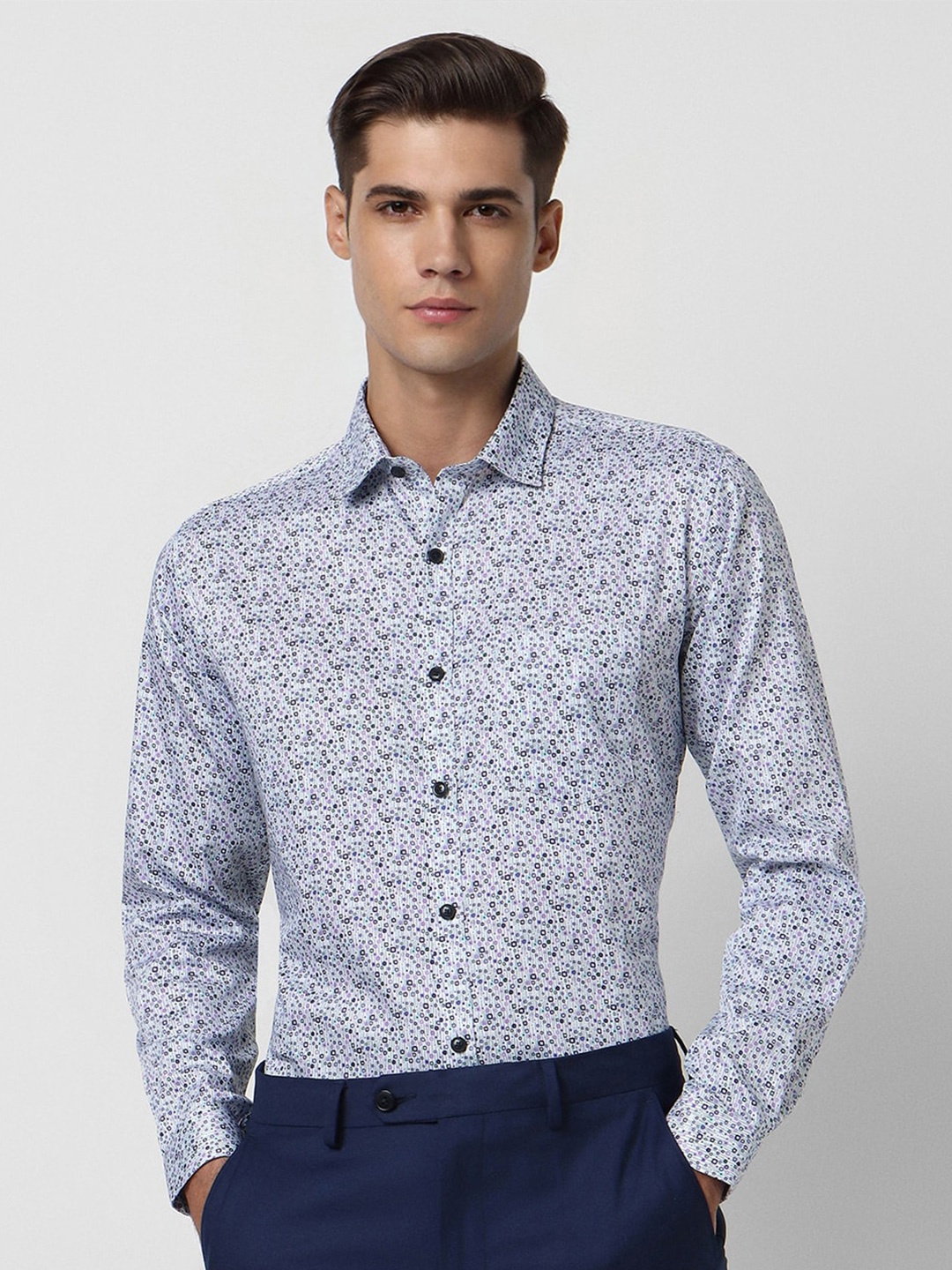 

V Dot Slim Fit Micro Ditsy Printed Pure Cotton Formal Shirt, Blue