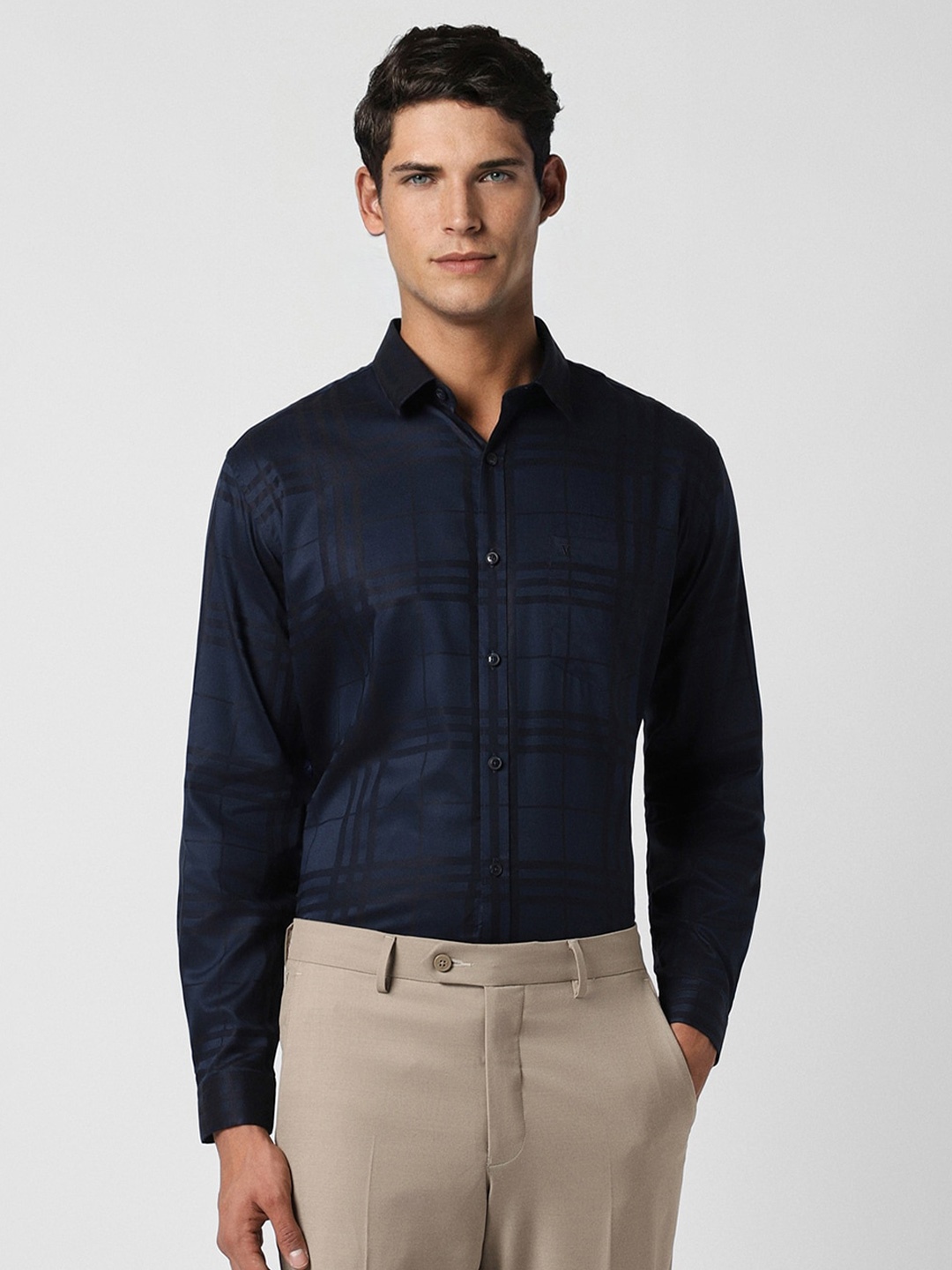 

V Dot Slim Fit Tartan Checked Pure Cotton Formal Shirt, Navy blue