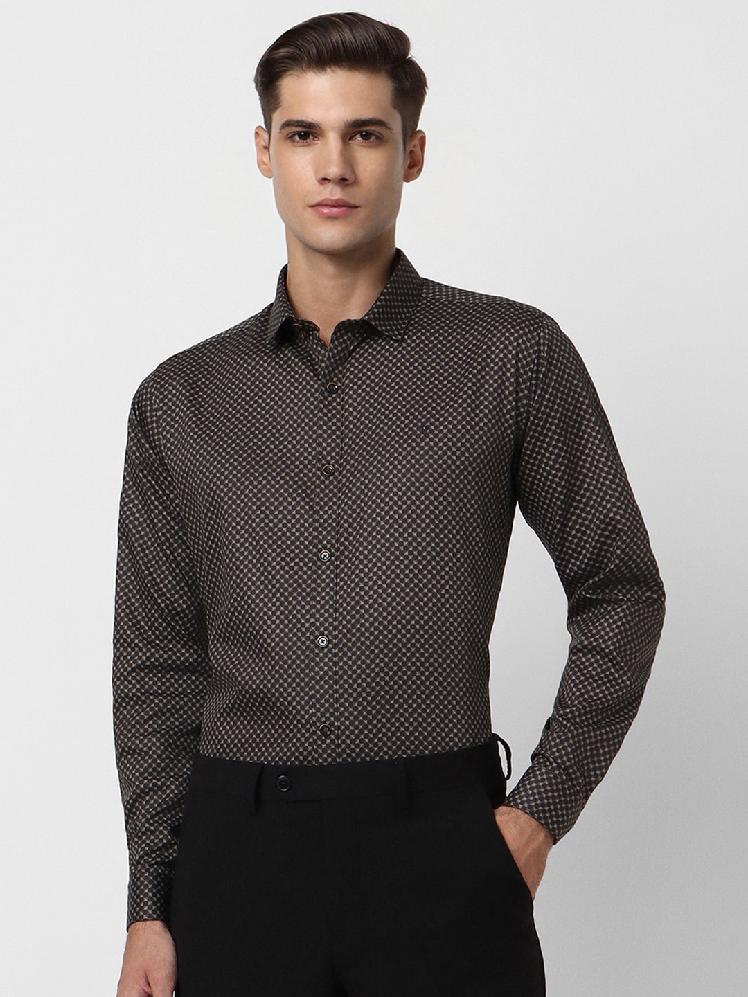 

V Dot Slim Fit Micro Ditsy Printed Pure Cotton Formal Shirt, Black