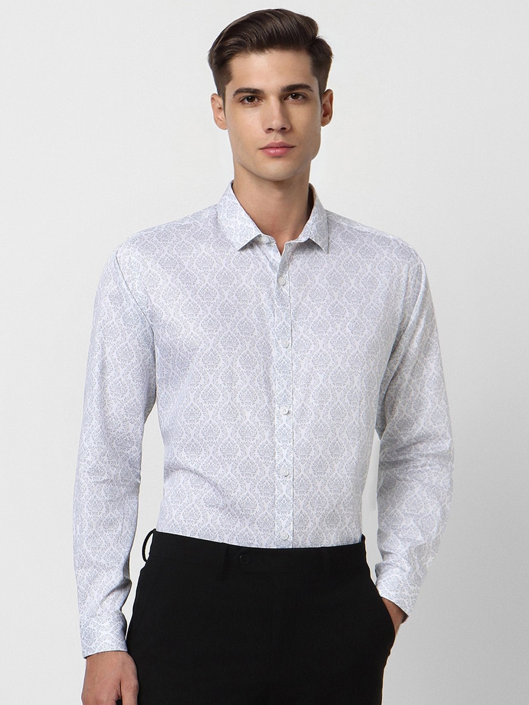 

V Dot Printed Slim Fit Cotton Classic Formal Shirt, White