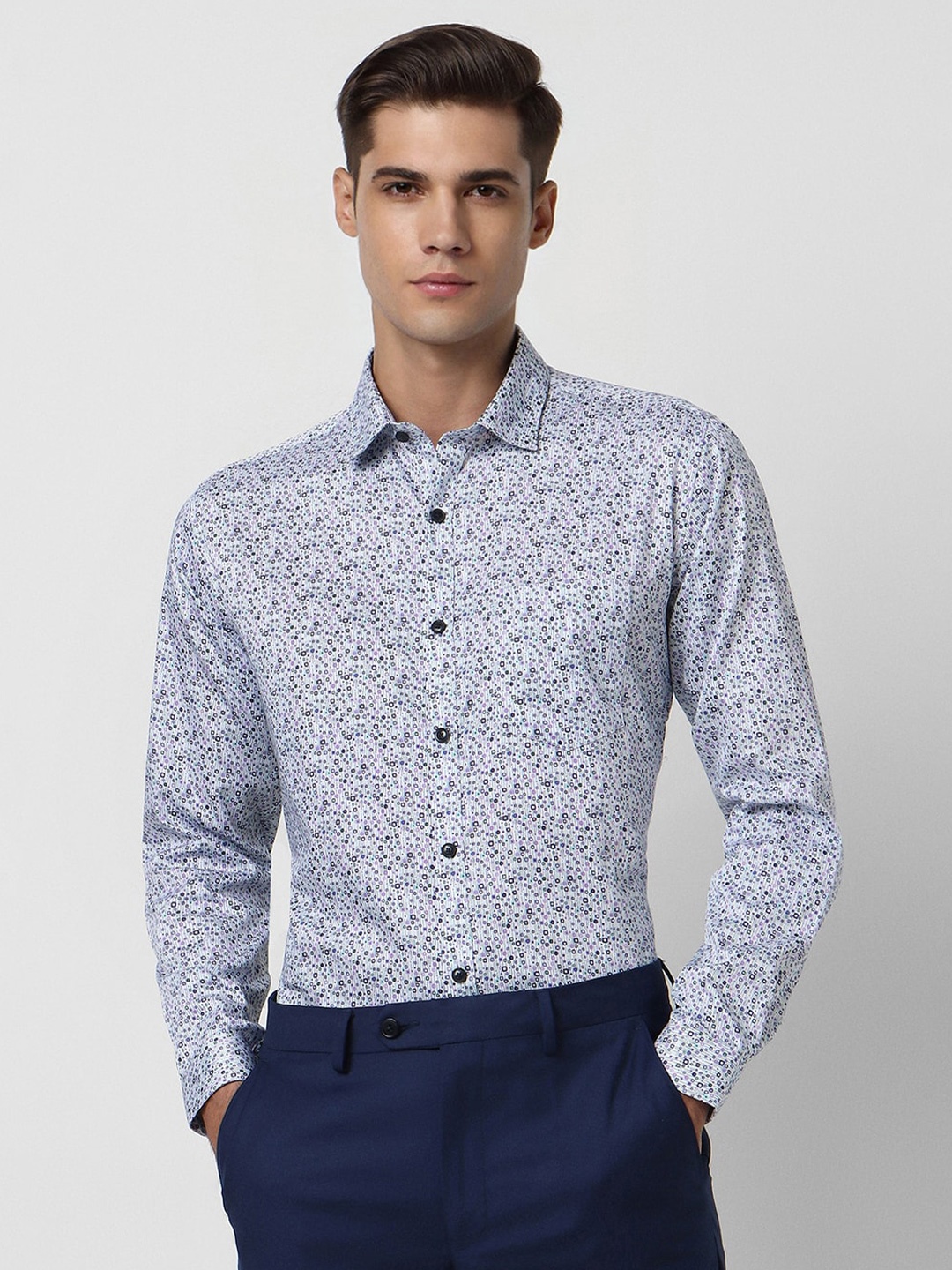 

V Dot Slim Fit Micro Ditsy Printed Pure Cotton Formal Shirt, Blue