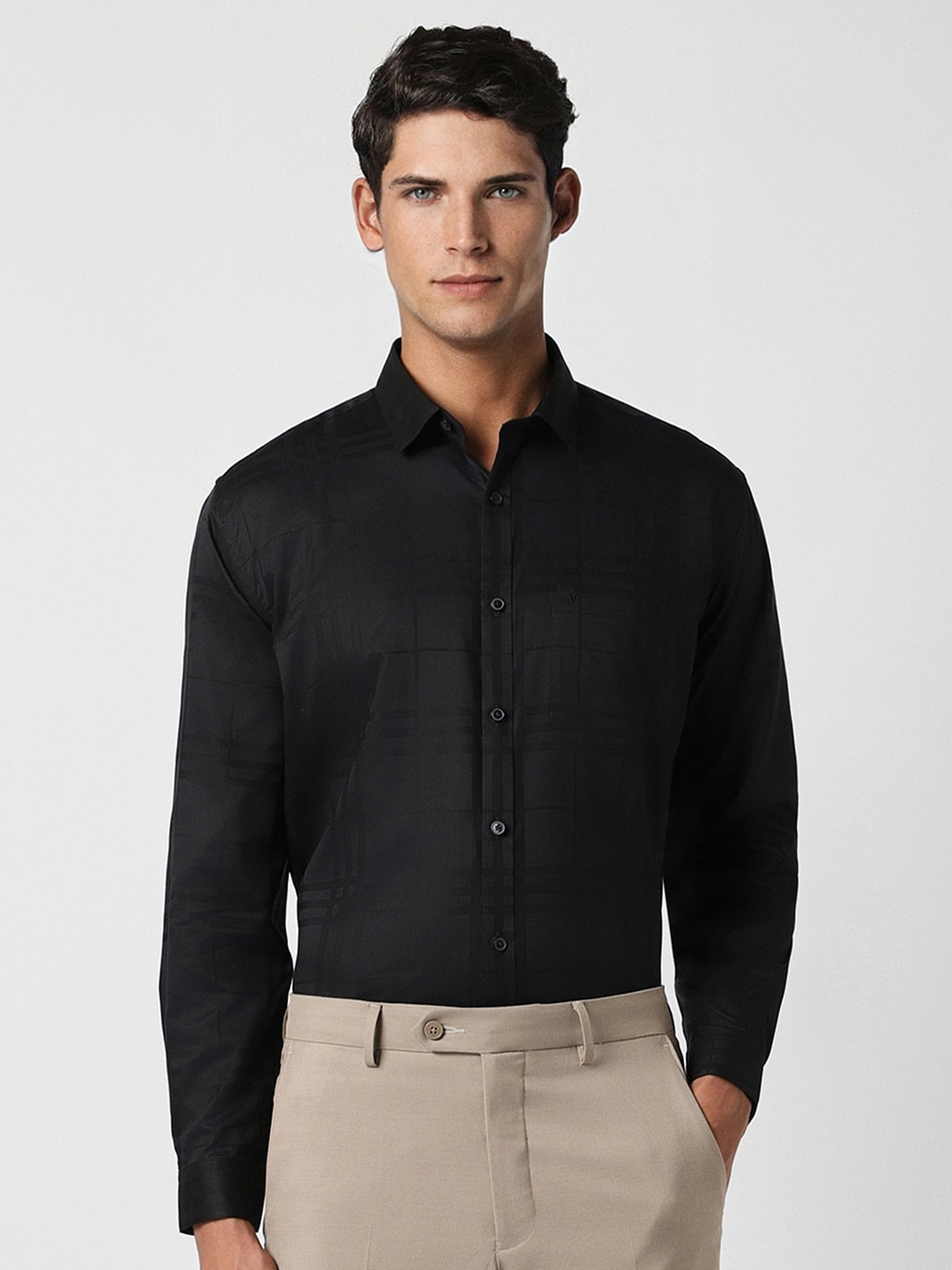 

V Dot Slim Fit Tartan Checked Pure Cotton Formal Shirt, Black