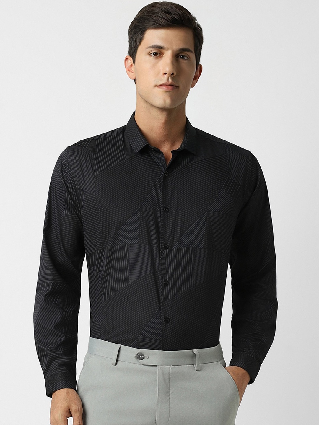 

V Dot Slim Fit Geometric Printed Formal Shirt, Black