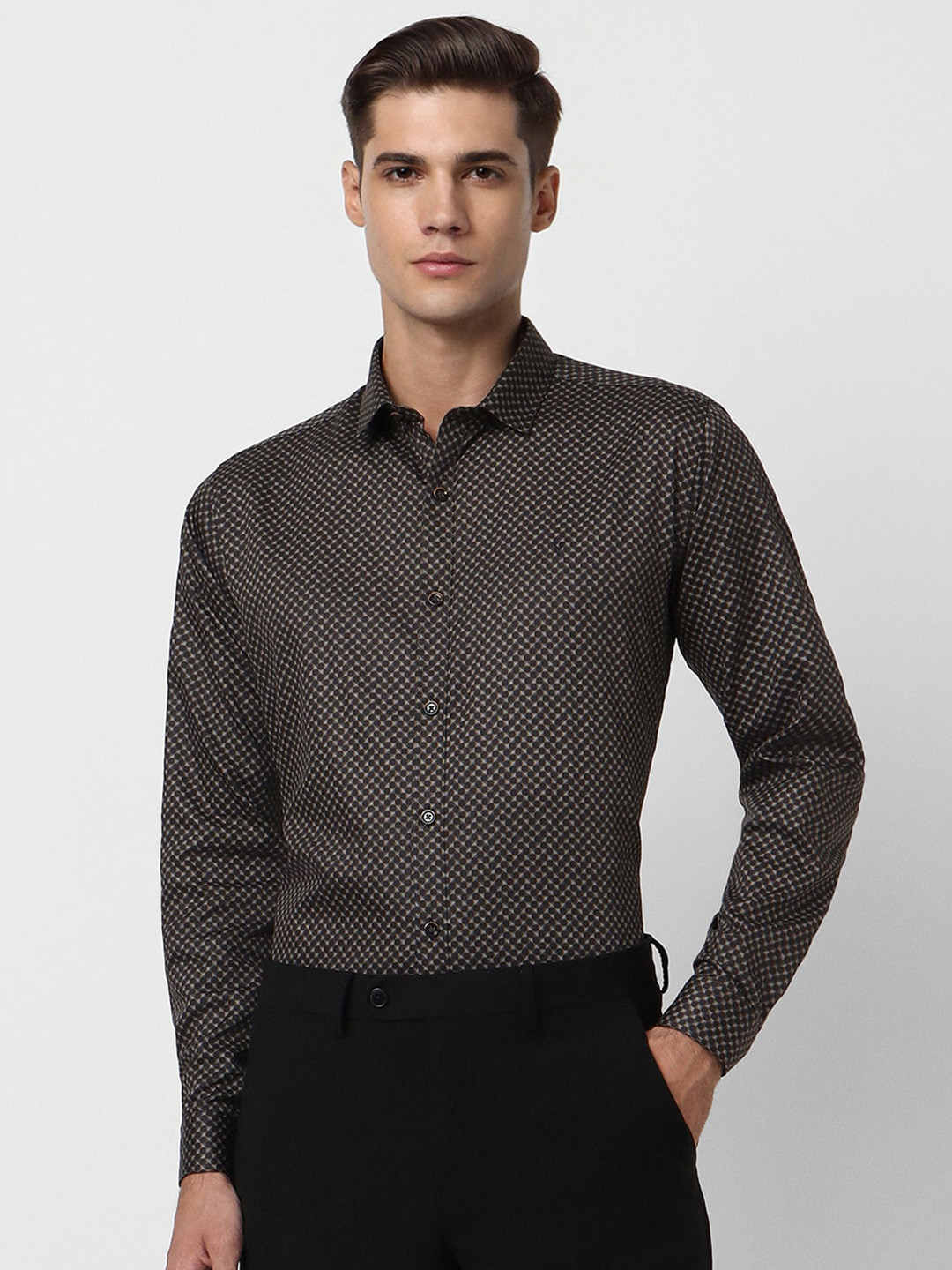 

V Dot Printed Slim Fit Cotton Classic Formal Shirt, Black