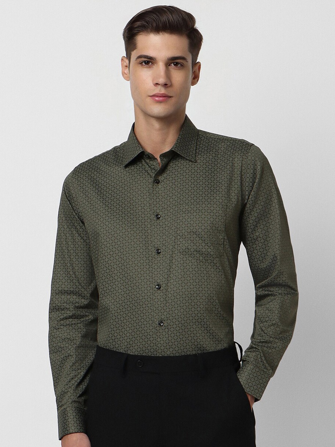 

Van Heusen Slim Fit Micro Ditsy Opaque Printed Pure Cotton Formal Shirt, Olive