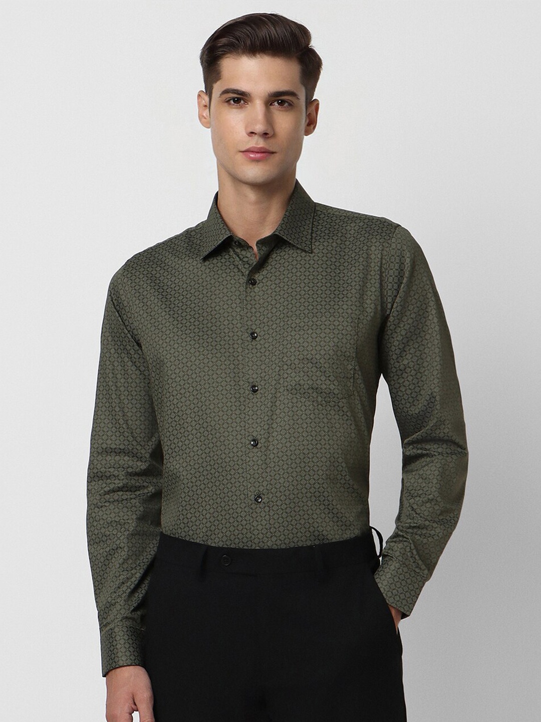 

Van Heusen Slim Fit Micro Ditsy Opaque Printed Pure Cotton Formal Shirt, Olive