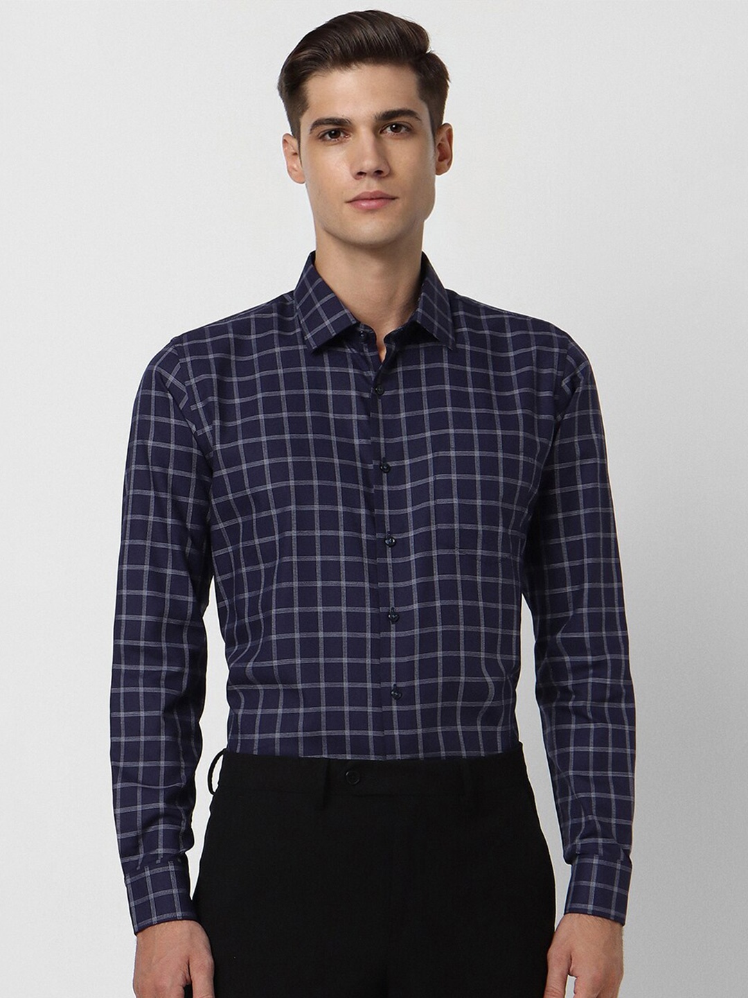 

Van Heusen Slim Fit Opaque Checked Pure Cotton Formal Shirt, Navy blue