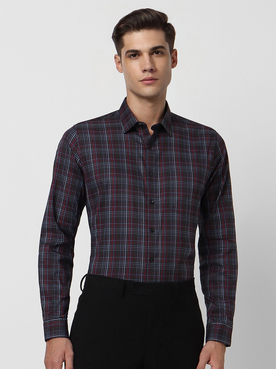 

Van Heusen Slim Fit Tartan Checks Opaque Checked Formal Shirt, Black