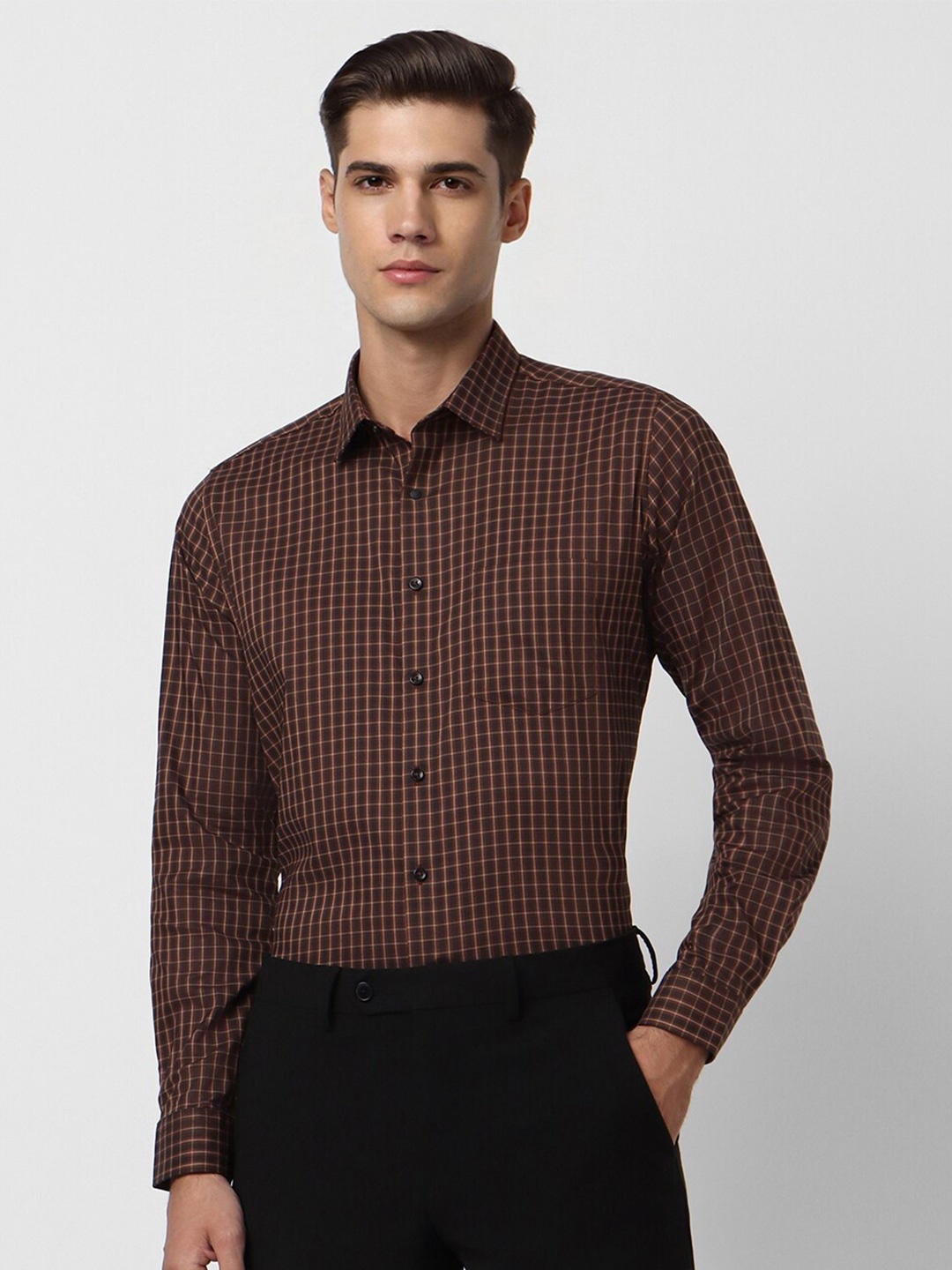 

Van Heusen Slim Fit Grid Tattersall Checked Opaque Formal Shirt, Brown
