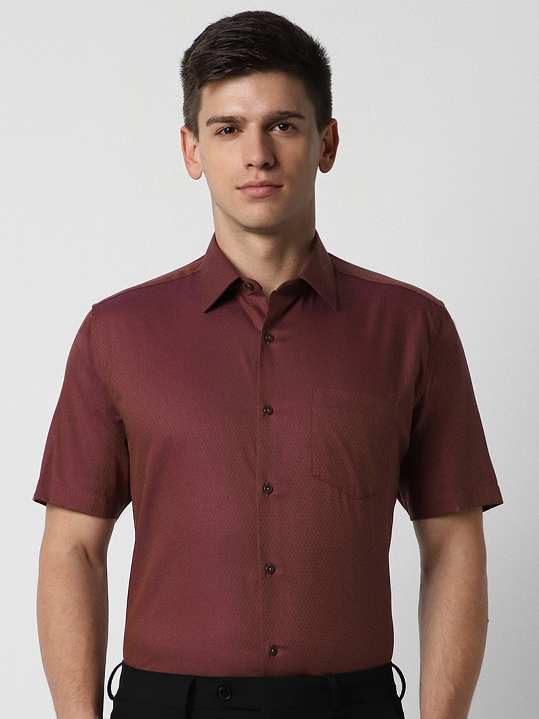 

Van Heusen Textured Self Design Opaque Pure Cotton Formal Shirt, Maroon