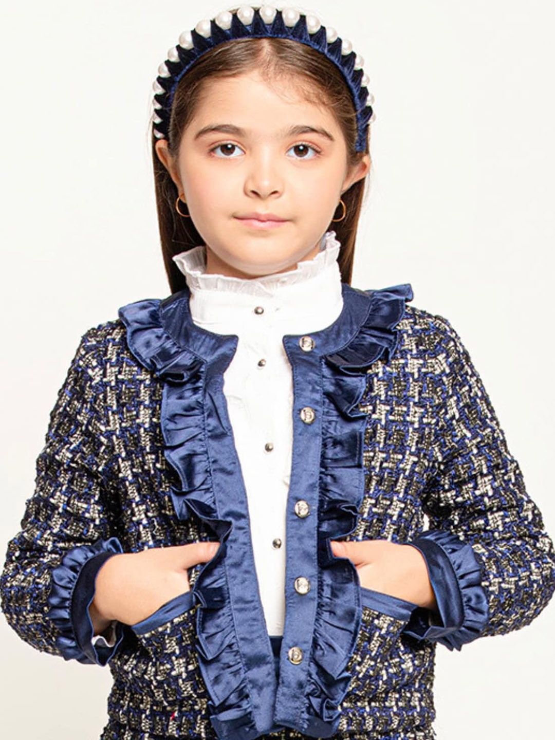 

One Friday Girls Self Design Crop Ruffled Tailored Jacket, Navy blue