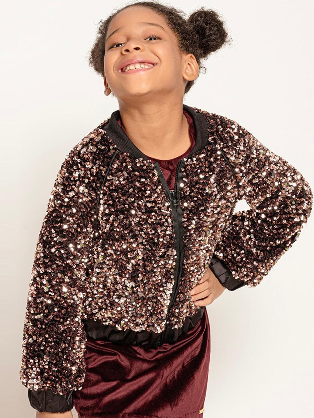

One Friday Girls Sequined Bomber Jacket, Brown