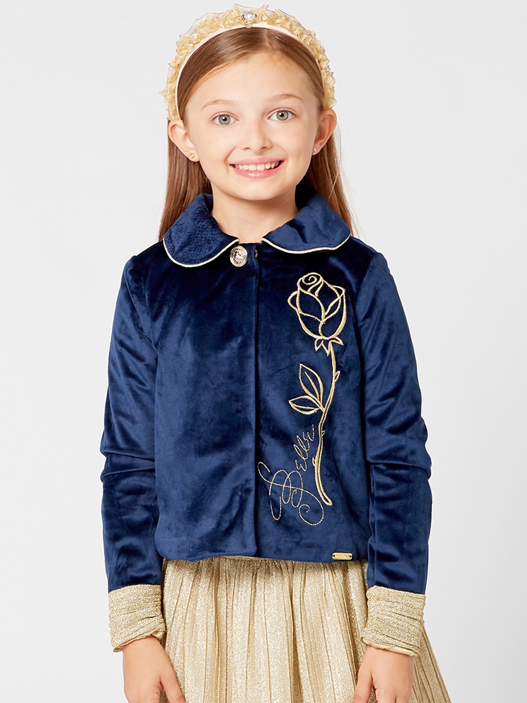 

One Friday Girls Tailored Jacket With Floral Embroidered, Navy blue