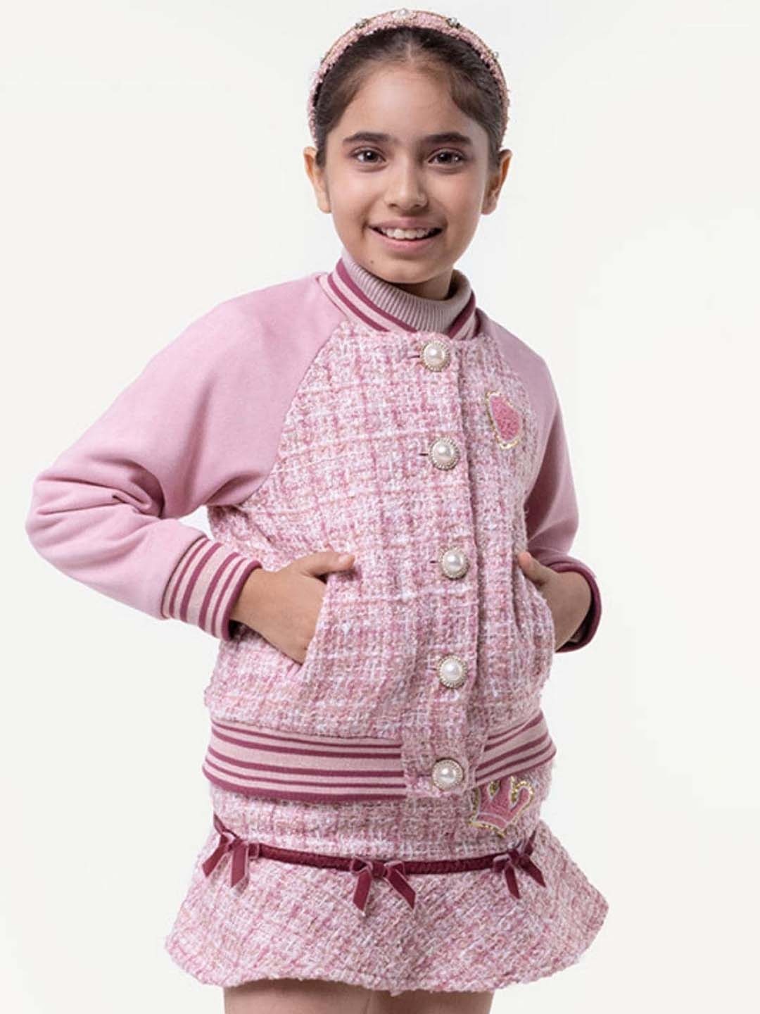 

One Friday Girls Self Design Crop Open Front Jacket, Pink