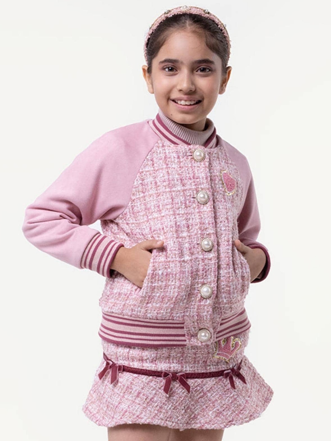 

One Friday Girls Self Design Crop Open Front Jacket, Pink