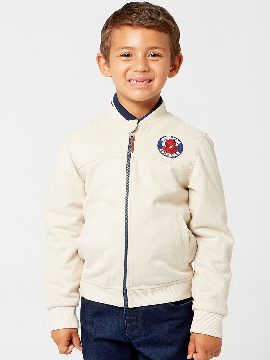 

One Friday Boys Marvel Printed Long Sleeves Open Front Jacket, Off white