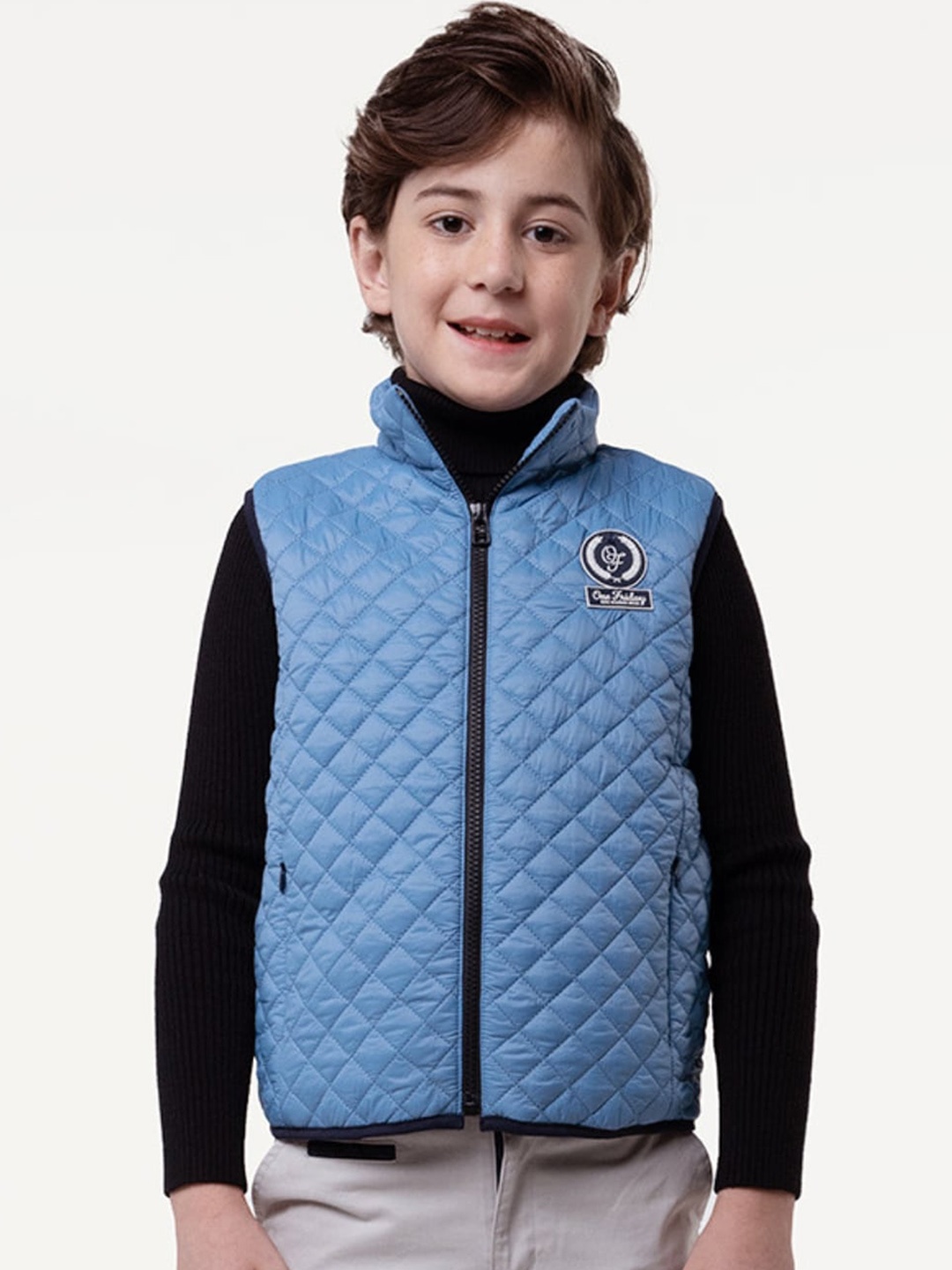 

One Friday Boys Mock Collar Quilted Jacket with Patchwork, Blue