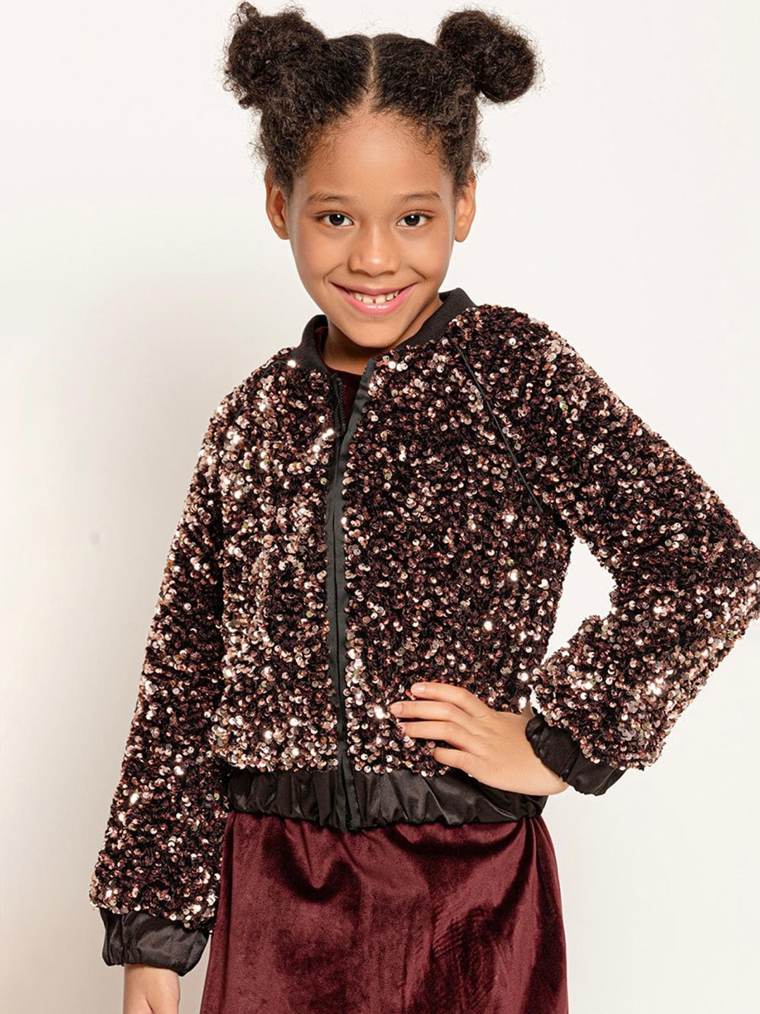 

One Friday Girls Self Design Sequined Crop Tailored Jacket, Brown