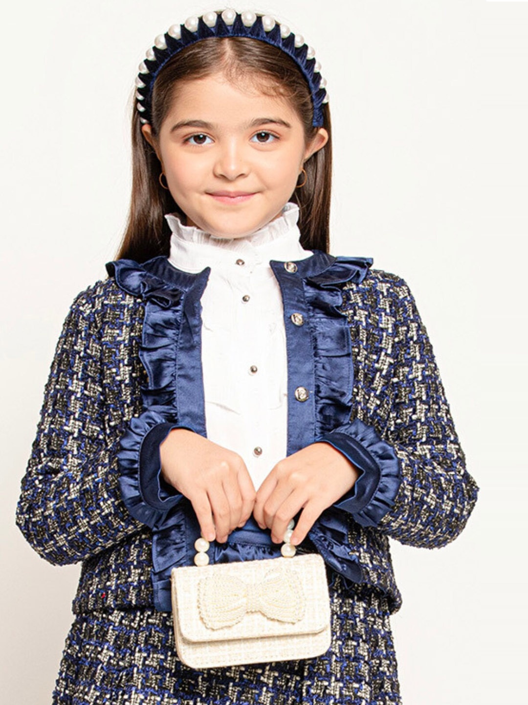 

One Friday Girls Self Design Crop Tailored Jacket, Navy blue