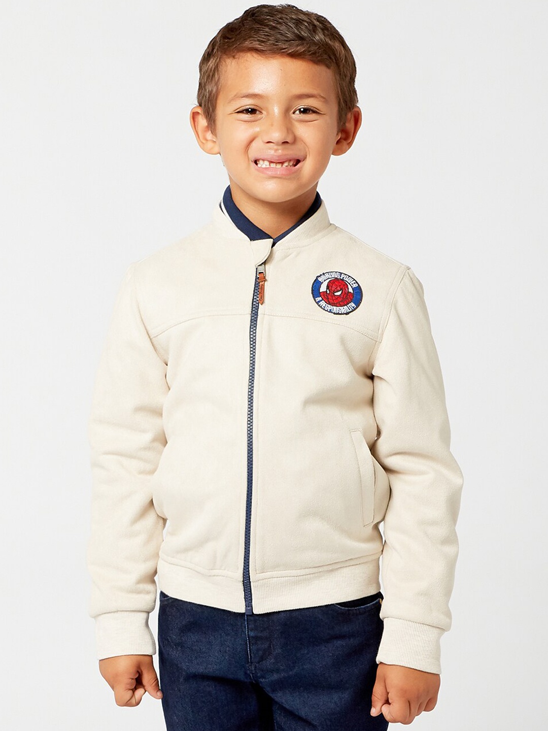 

One Friday Boys Stand Collar Padded Jacket with Patchwork, Off white
