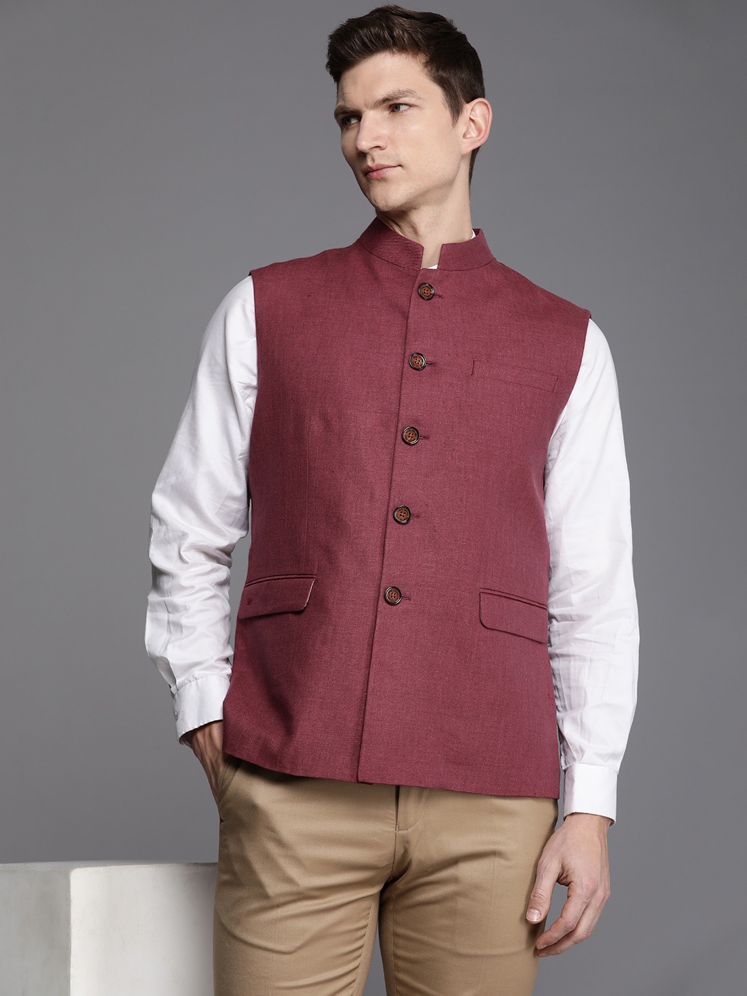

Louis Philippe Pure Linen Nehru Jacket, Maroon