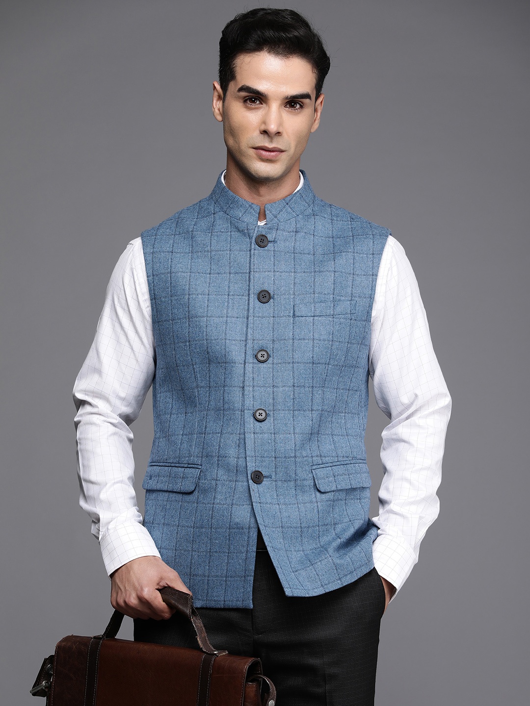 

Louis Philippe Men Checked Slim Fit Pure Wool Nehru Jackets, Blue