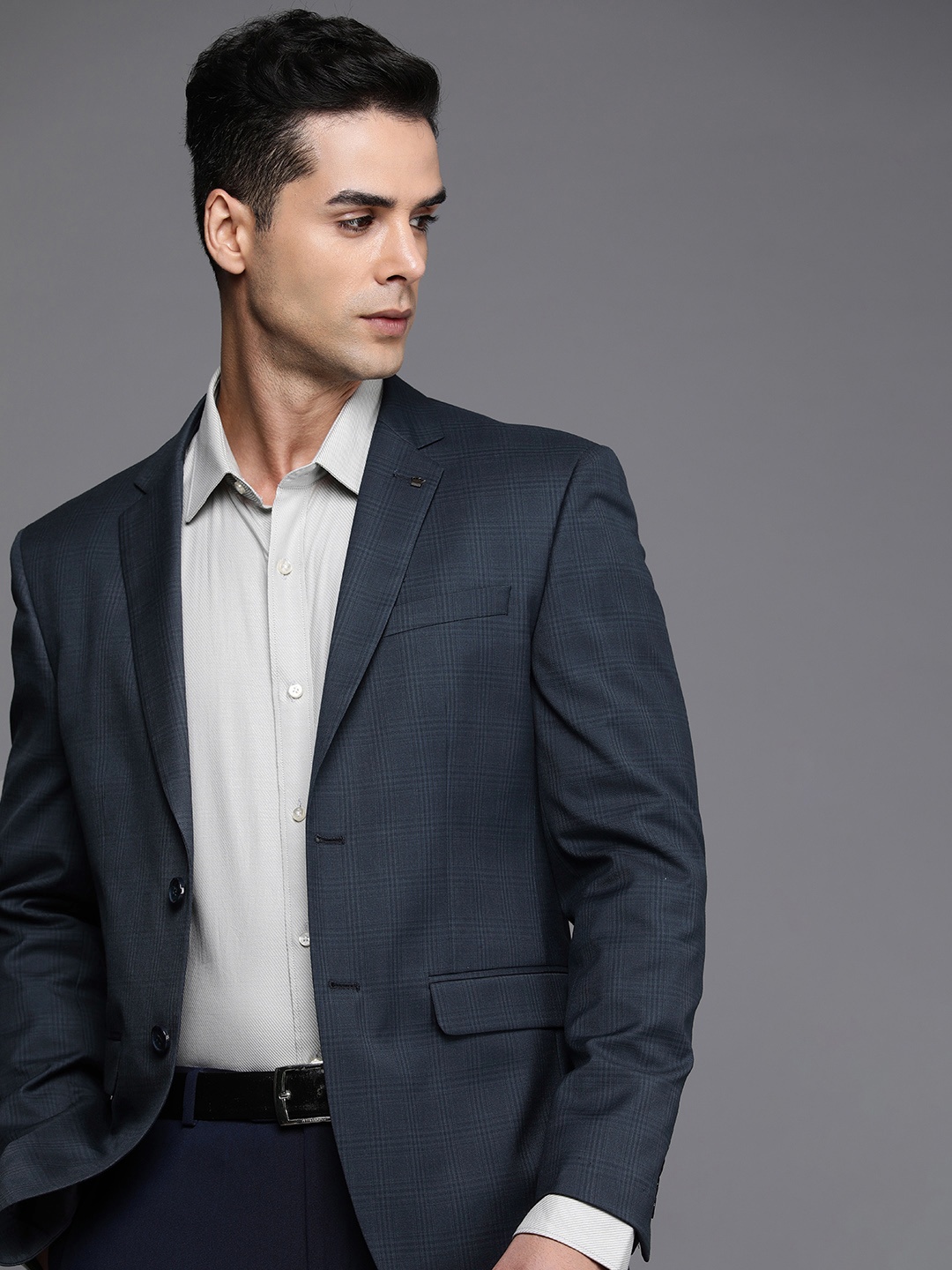 

Louis Philippe Checked Slim Fit Single-Breasted Formal Blazer, Navy blue