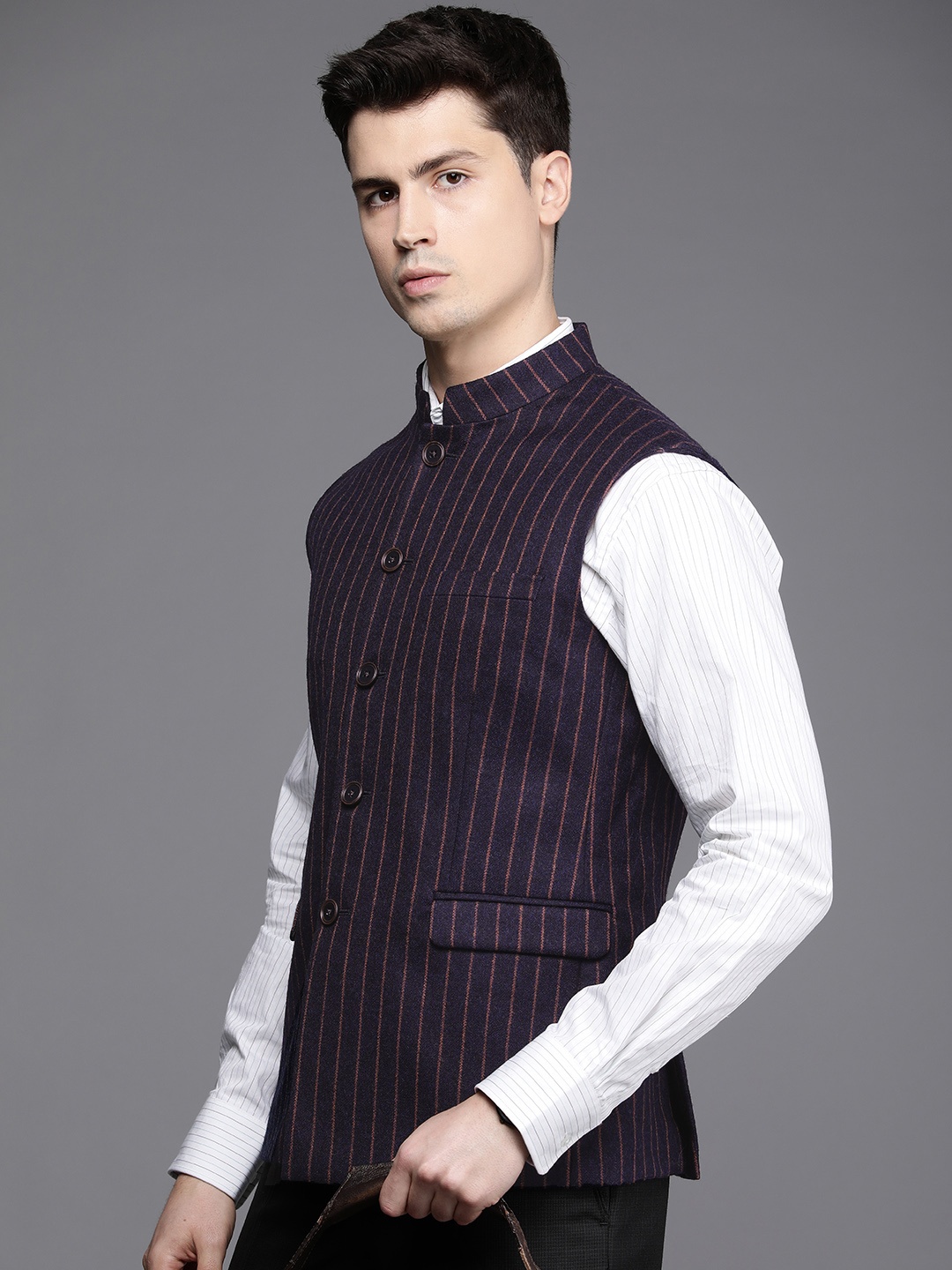 

Louis Philippe Men Striped Slim Fit Pure Wool Nehru Jackets, Navy blue