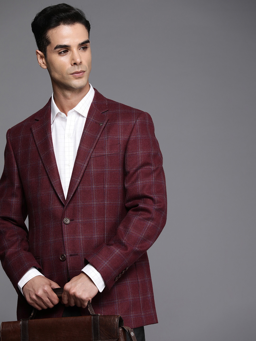 

Louis Philippe Men Checked Pure Wool Tweed Slim Fit Single-Breasted Blazer, Maroon